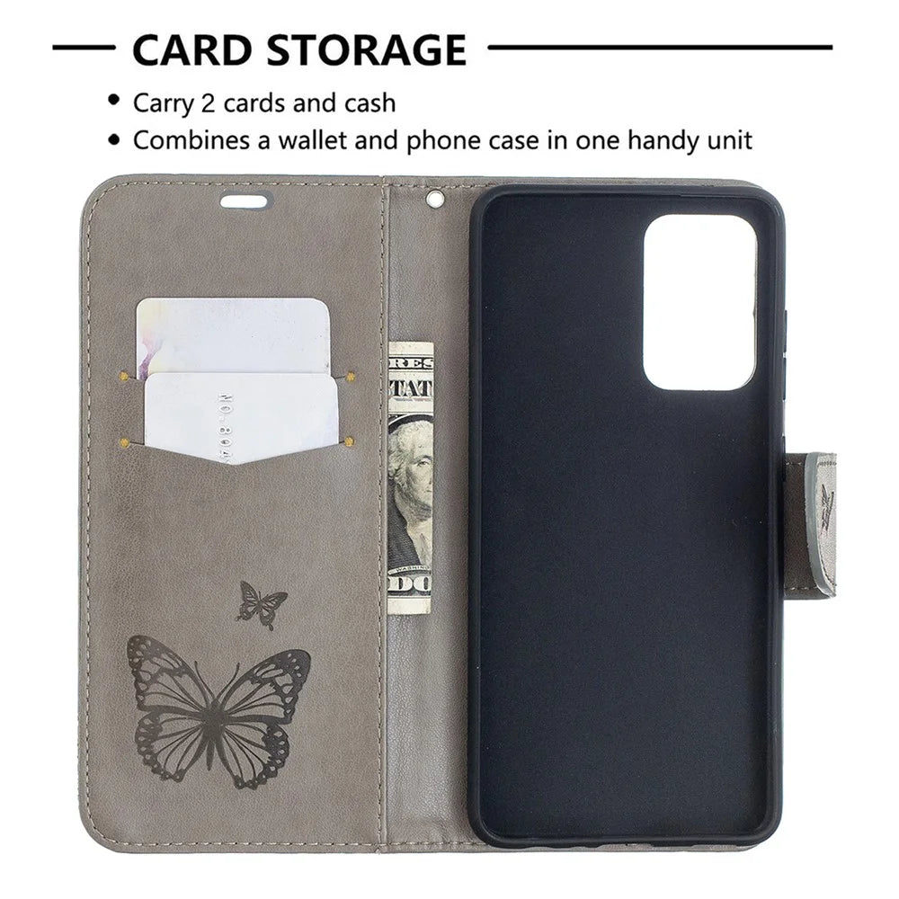For Samsung Galaxy A52 4G / 5G / A52s 5G Imprint Butterflies Wallet Stand Flip Leather Phone Shell - Grey - 6