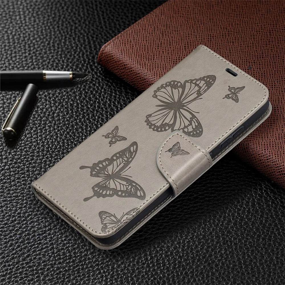 For Samsung Galaxy A52 4G / 5G / A52s 5G Imprint Butterflies Wallet Stand Flip Leather Phone Shell - Grey - 7