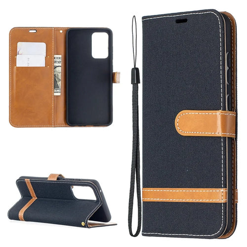 For Samsung Galaxy A52 4G/5G / A52s 5G Color Splicing Jeans Cloth Surface Wallet Leather Phone Cover - Black - 1