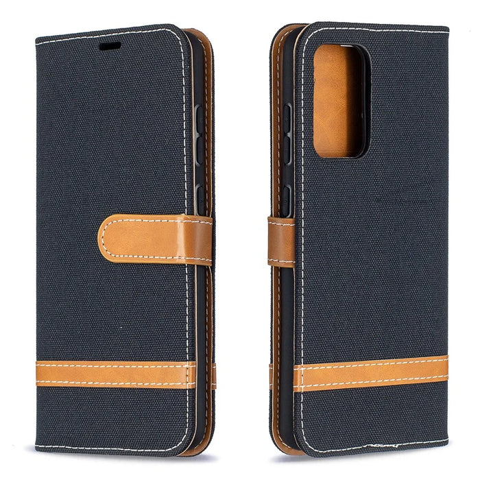 For Samsung Galaxy A52 4G/5G / A52s 5G Color Splicing Jeans Cloth Surface Wallet Leather Phone Cover - Black - 4