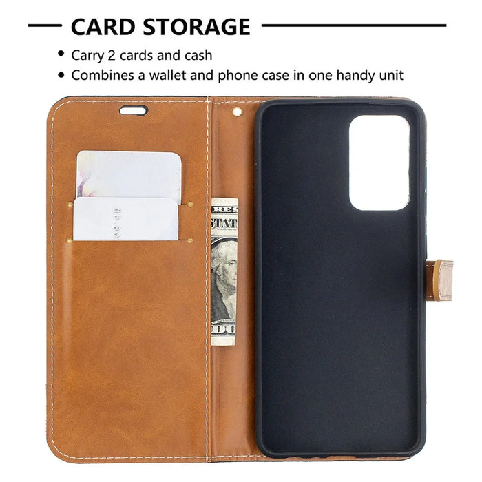 For Samsung Galaxy A52 4G/5G / A52s 5G Color Splicing Jeans Cloth Surface Wallet Leather Phone Cover - Black - 6
