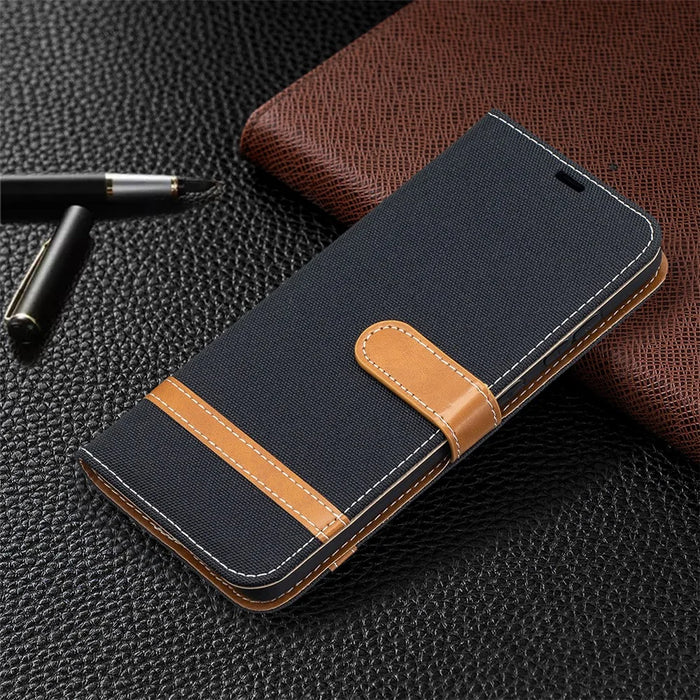 For Samsung Galaxy A52 4G/5G / A52s 5G Color Splicing Jeans Cloth Surface Wallet Leather Phone Cover - Black - 7