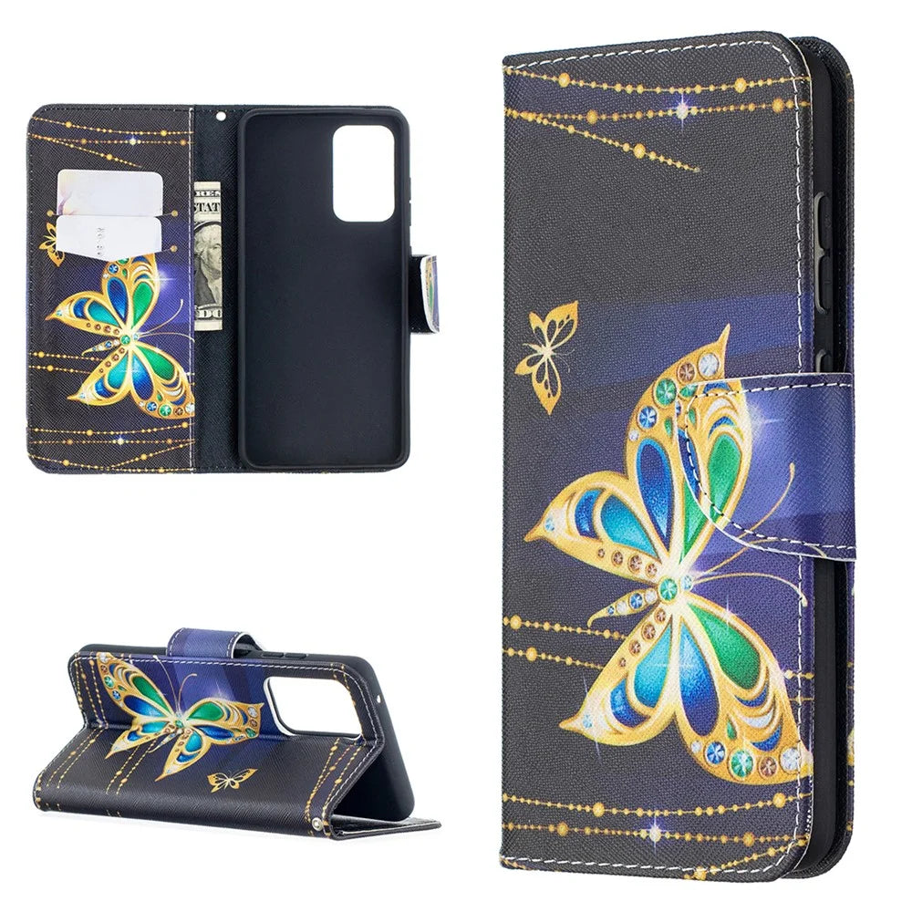 Wallet Stand Design Pattern Printing Folio Flip Leather Phone Shell for Samsung Galaxy A52 4G/5G / A52s 5G - Gold Butterfly - 1