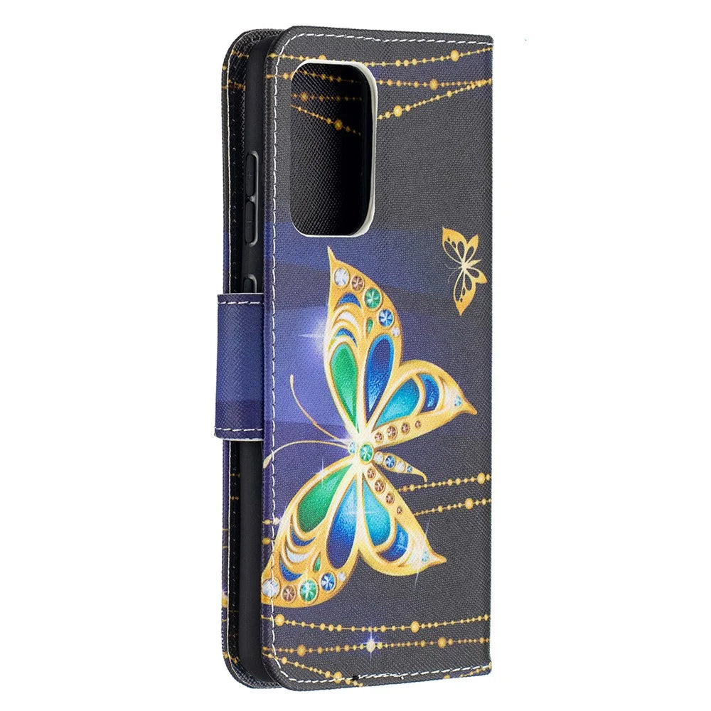 Wallet Stand Design Pattern Printing Folio Flip Leather Phone Shell for Samsung Galaxy A52 4G/5G / A52s 5G - Gold Butterfly - 3