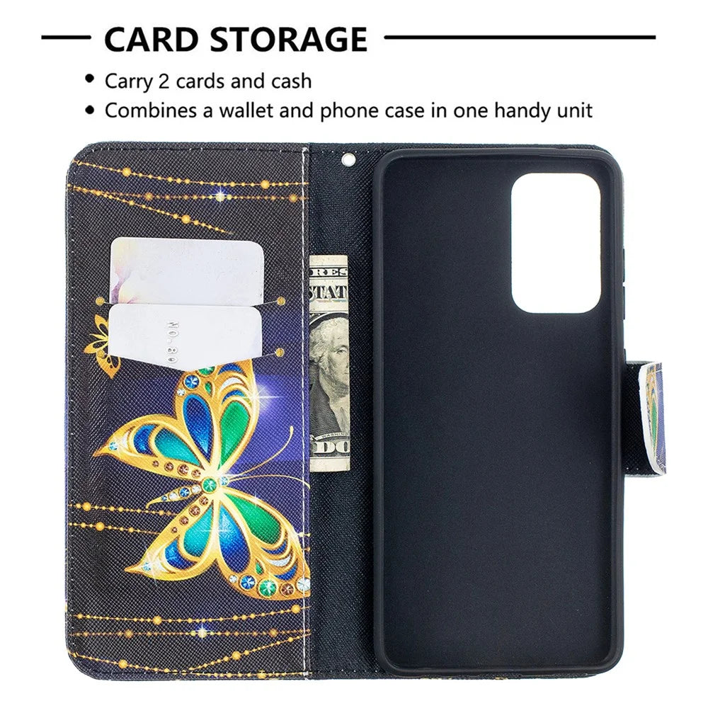 Wallet Stand Design Pattern Printing Folio Flip Leather Phone Shell for Samsung Galaxy A52 4G/5G / A52s 5G - Gold Butterfly - 6
