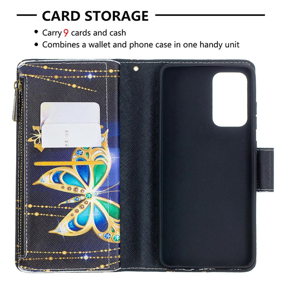 BF03 Zipper Wallet Design Pattern Printing Leather Phone Cover for Samsung Galaxy A52 4G / 5G / A52s 5G - Crystal Butterfly - 6