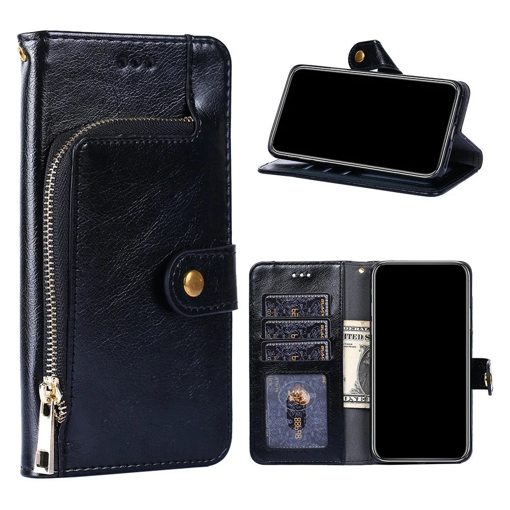 Leather Wallet Phone Stand Case for Samsung Galaxy A32 5G Zipper Pocket Design Cover - Black - 1