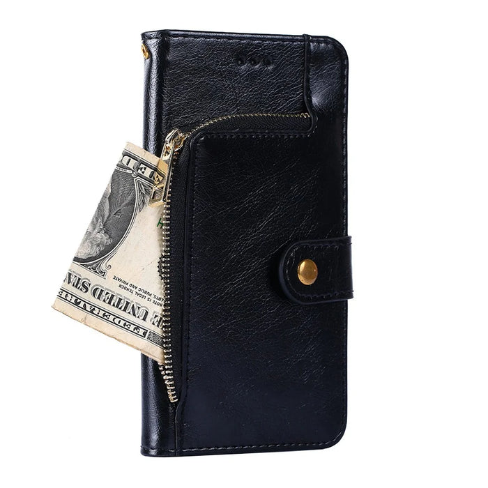 Leather Wallet Phone Stand Case for Samsung Galaxy A32 5G Zipper Pocket Design Cover - Black - 3