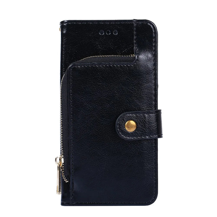 Leather Wallet Phone Stand Case for Samsung Galaxy A32 5G Zipper Pocket Design Cover - Black - 5