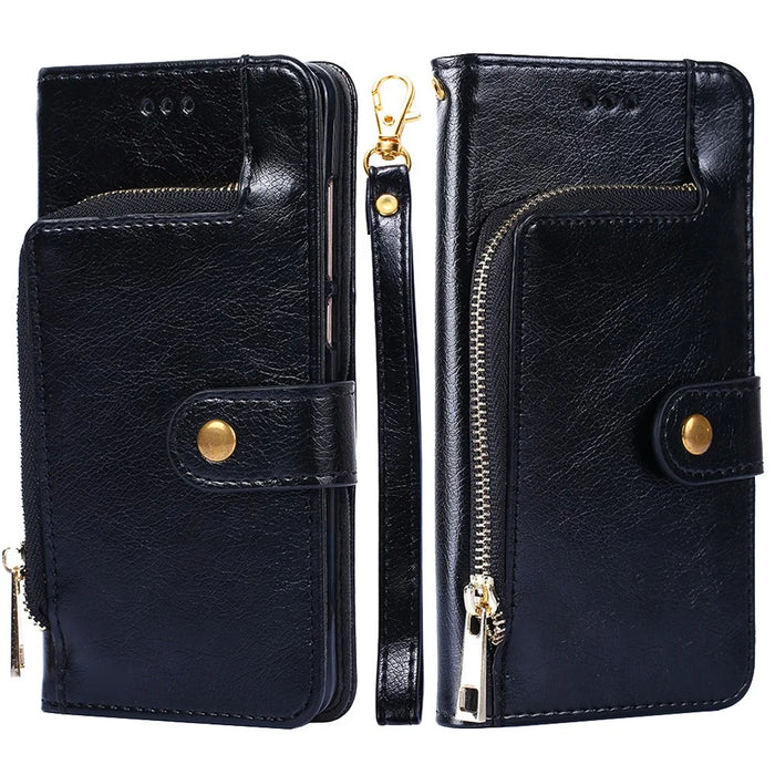 Leather Wallet Phone Stand Case for Samsung Galaxy A32 5G Zipper Pocket Design Cover - Black - 6