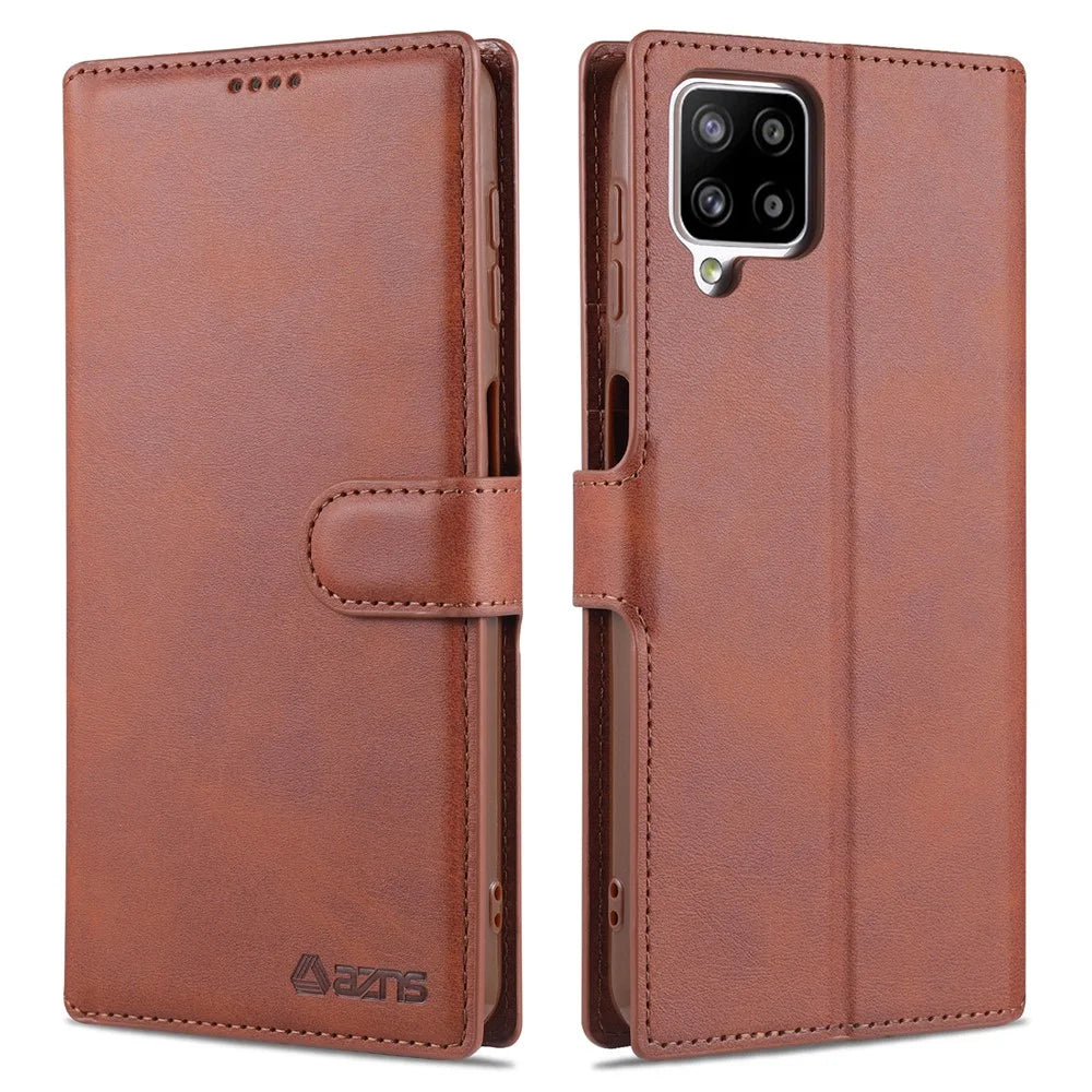 AZNS Leather Case for Samsung Galaxy A12 Wallet Cell Phone Protection Cover - Brown - 1