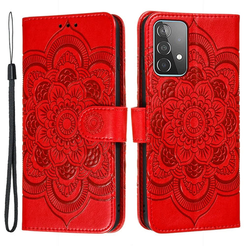 Imprint Mandala Flower Wallet Leather Cover for Samsung Galaxy A52 4G/5G / A52s 5G Protective Stand Shell - Red - 1