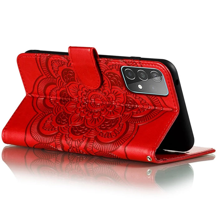 Imprint Mandala Flower Wallet Leather Cover for Samsung Galaxy A52 4G/5G / A52s 5G Protective Stand Shell - Red - 5