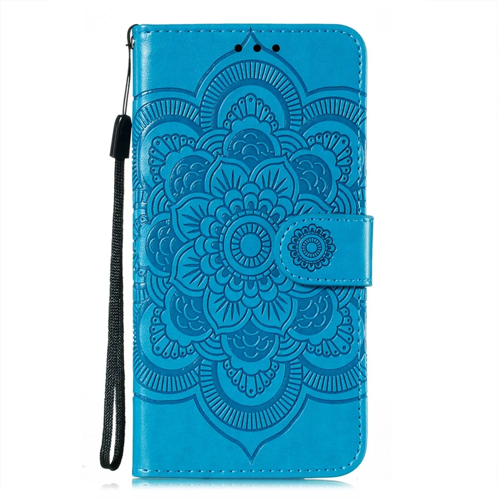 Imprint Mandala Flower Stand for Samsung Galaxy A72 5G / A72 4G Leather Case - Blue - 1