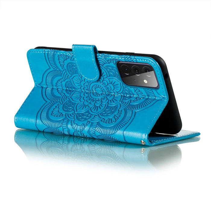 Imprint Mandala Flower Stand for Samsung Galaxy A72 5G / A72 4G Leather Case - Blue - 5