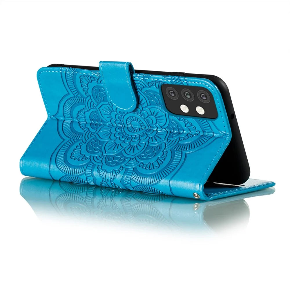 Imprint Mandala Flower Stand Leather Flip Shell for Samsung Galaxy A32 5G Case - Blue - 4