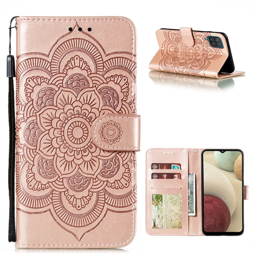 Imprint Mandala Flower Stand for Samsung Galaxy A12 Leather Case - Rose Gold - 1