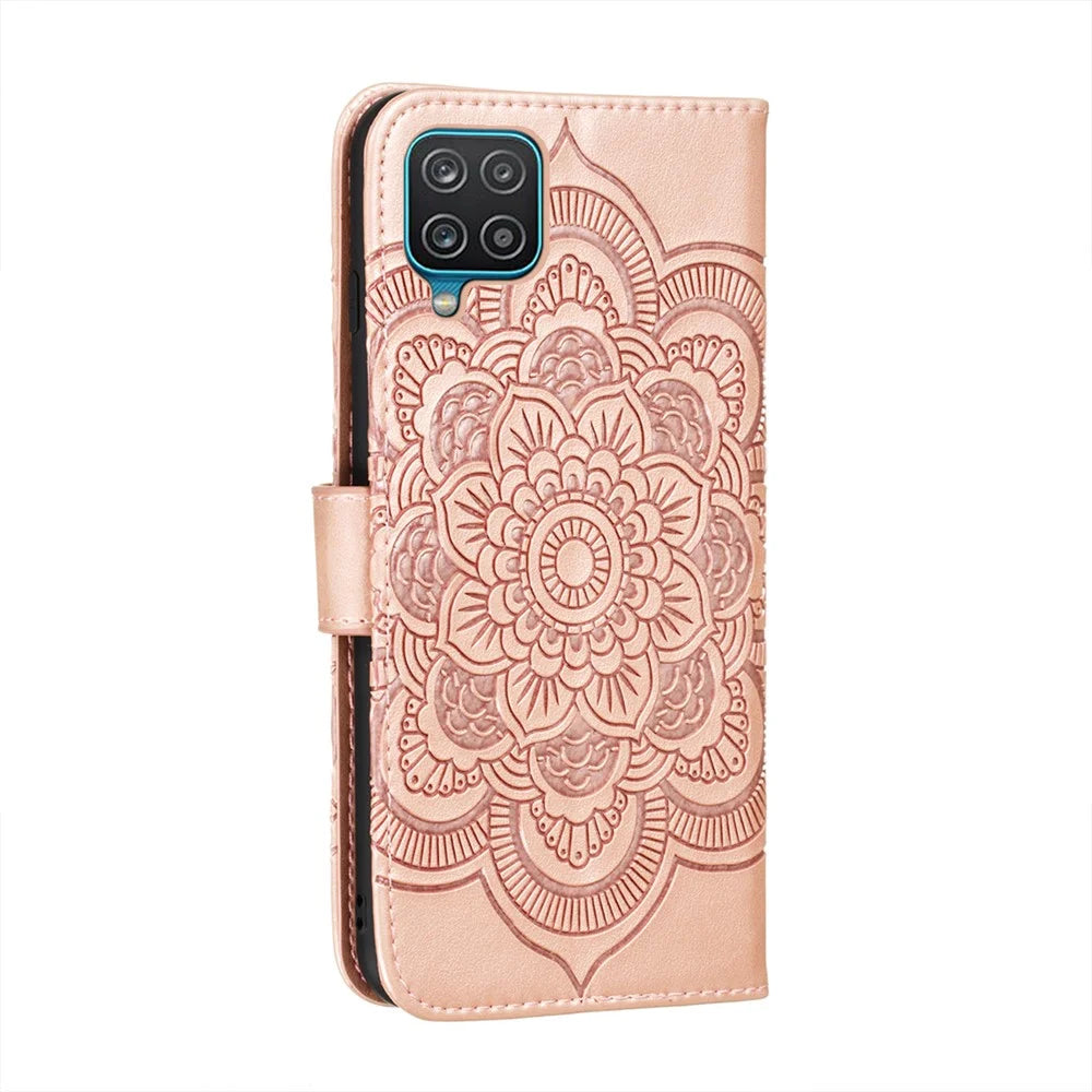 Imprint Mandala Flower Stand for Samsung Galaxy A12 Leather Case - Rose Gold - 3