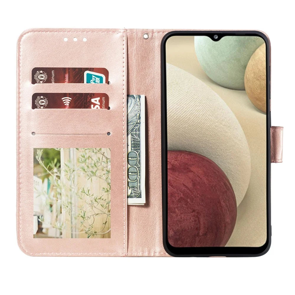 Imprint Mandala Flower Stand for Samsung Galaxy A12 Leather Case - Rose Gold - 4