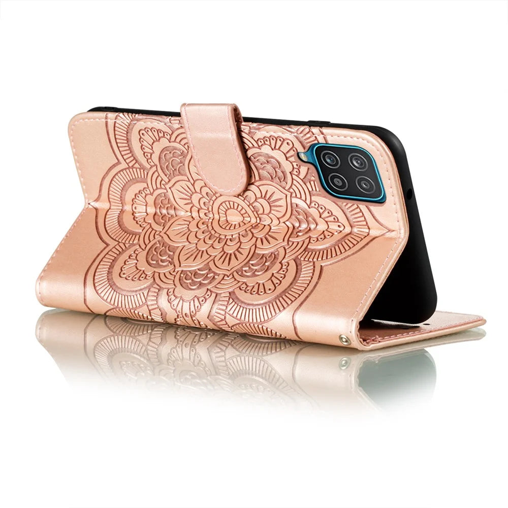 Imprint Mandala Flower Stand for Samsung Galaxy A12 Leather Case - Rose Gold - 5