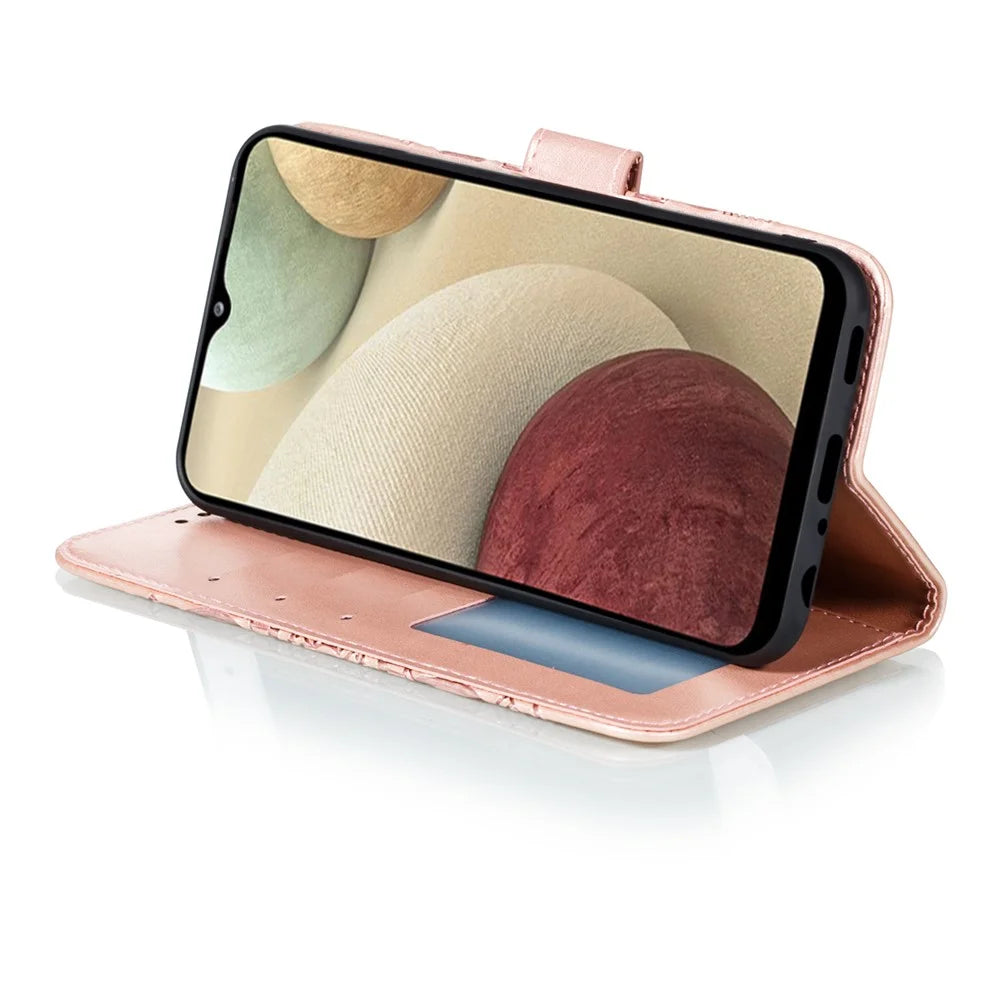 Imprint Mandala Flower Stand for Samsung Galaxy A12 Leather Case - Rose Gold - 6