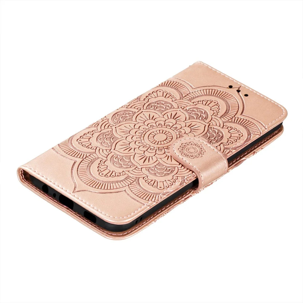 Imprint Mandala Flower Stand for Samsung Galaxy A12 Leather Case - Rose Gold - 7