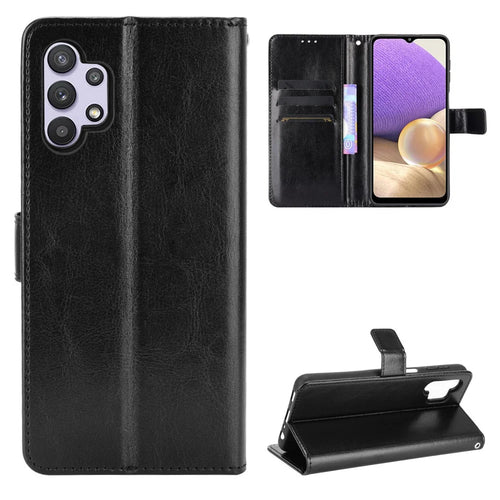 Crazy Horse Skin Leather Phone Wallet Stand Cover Shell with Lanyard for Samsung Galaxy A32 5G/M32 5G - Black - 1