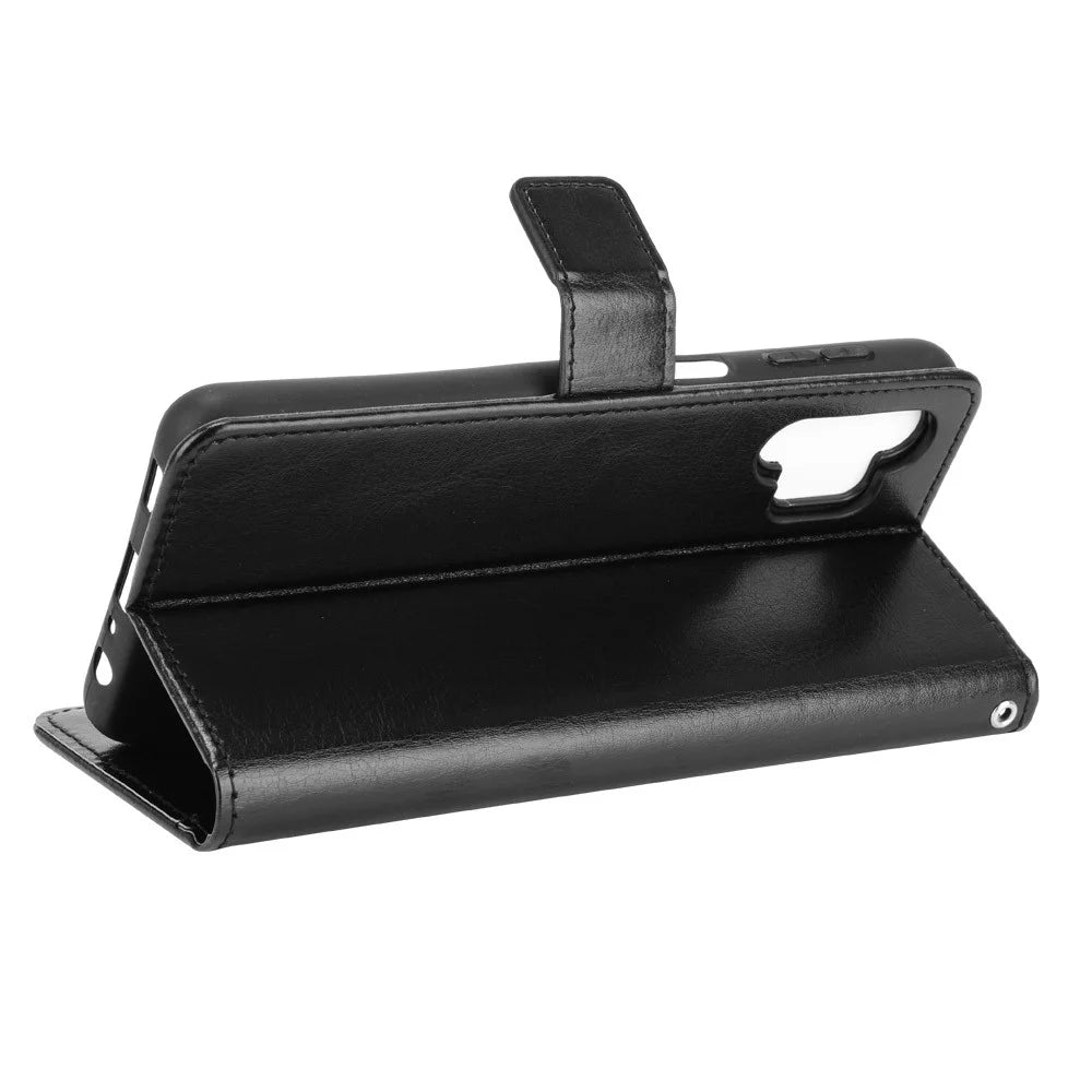 Crazy Horse Skin Leather Phone Wallet Stand Cover Shell with Lanyard for Samsung Galaxy A32 5G/M32 5G - Black - 5