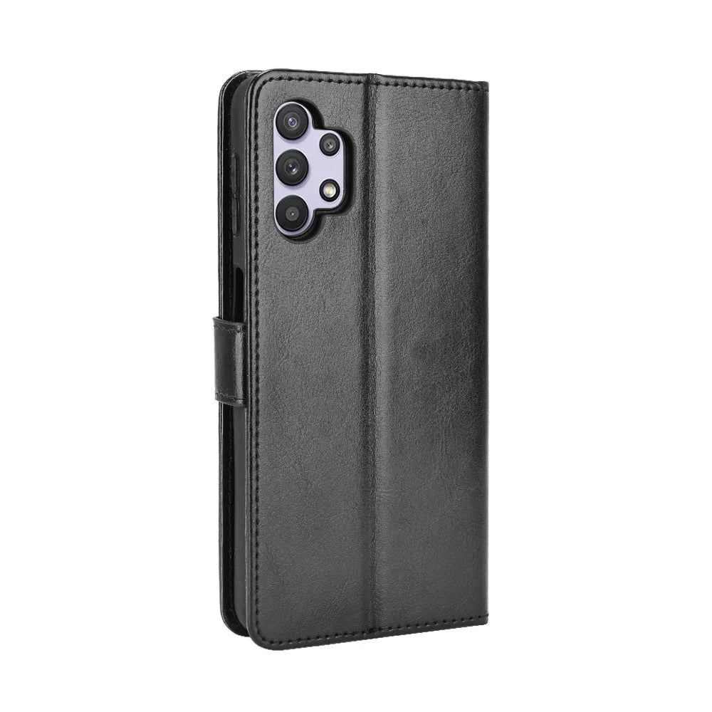 Crazy Horse Skin Leather Phone Wallet Stand Cover Shell with Lanyard for Samsung Galaxy A32 5G/M32 5G - Black - 6