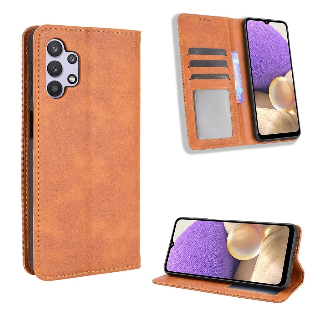 Magnetic Vintage Style Wallet Stand Phone Case Cover for Samsung Galaxy A32 5G/M32 5G - Brown - 1