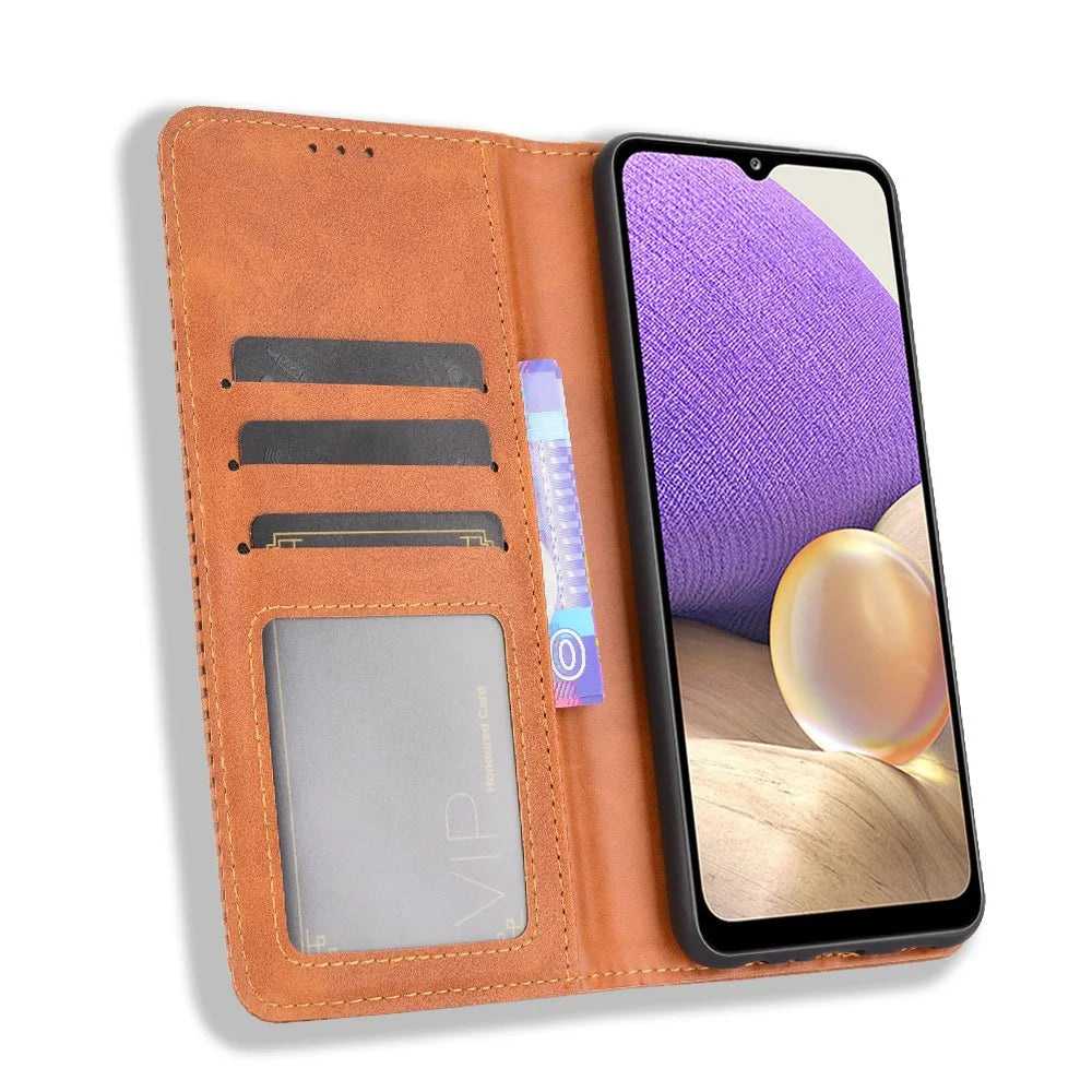 Magnetic Vintage Style Wallet Stand Phone Case Cover for Samsung Galaxy A32 5G/M32 5G - Brown - 4