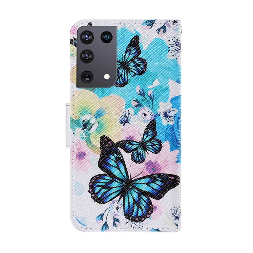Pattern Printing TPU + PU Leather Wallet Stand Phone Case with Lanyard for Samsung Galaxy S21 Ultra 5G - Blue Butterfly - 2