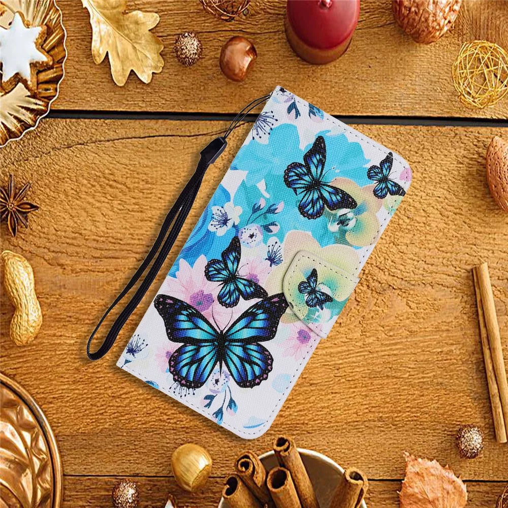 Pattern Printing TPU + PU Leather Wallet Stand Phone Case with Lanyard for Samsung Galaxy S21 Ultra 5G - Blue Butterfly - 5