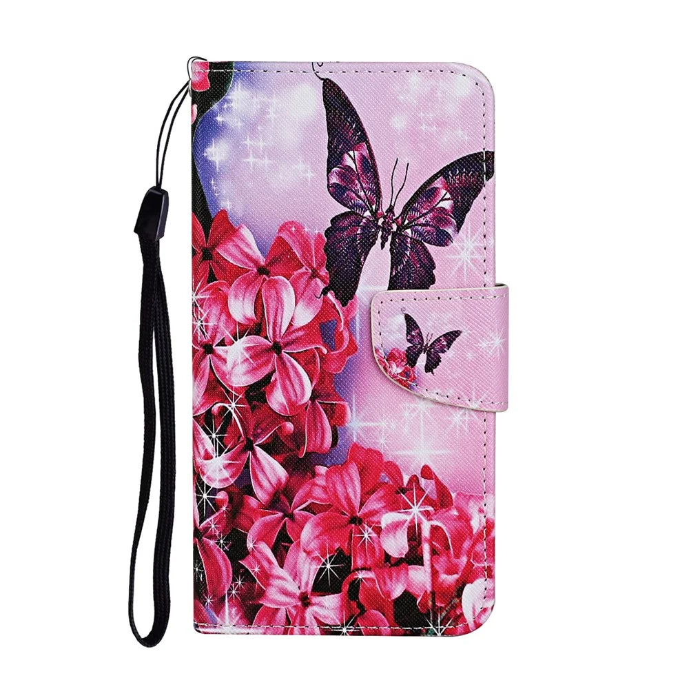 Pattern Printing Design PU Leather Wallet Phone Stand Case with Strap for Samsung Galaxy A02s (166.5mm) - Red Flower and Butterfly - 1