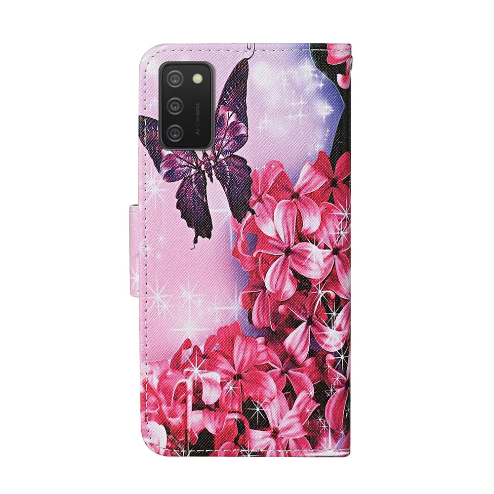 Pattern Printing Design PU Leather Wallet Phone Stand Case with Strap for Samsung Galaxy A02s (166.5mm) - Red Flower and Butterfly - 2