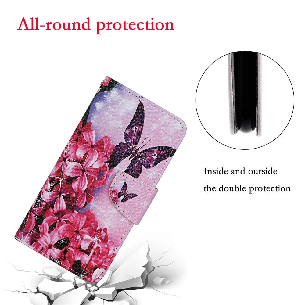 Pattern Printing Design PU Leather Wallet Phone Stand Case with Strap for Samsung Galaxy A02s (166.5mm) - Red Flower and Butterfly - 3
