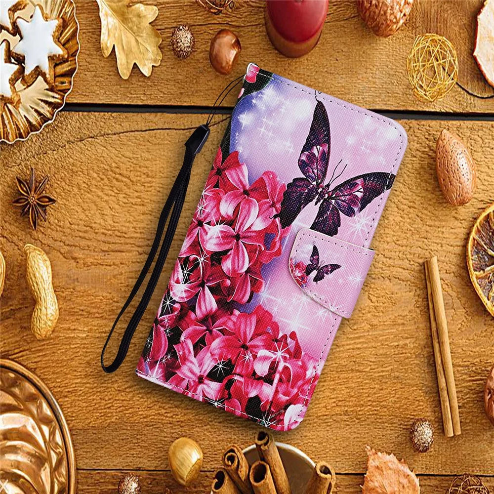 Pattern Printing Design PU Leather Wallet Phone Stand Case with Strap for Samsung Galaxy A02s (166.5mm) - Red Flower and Butterfly - 5