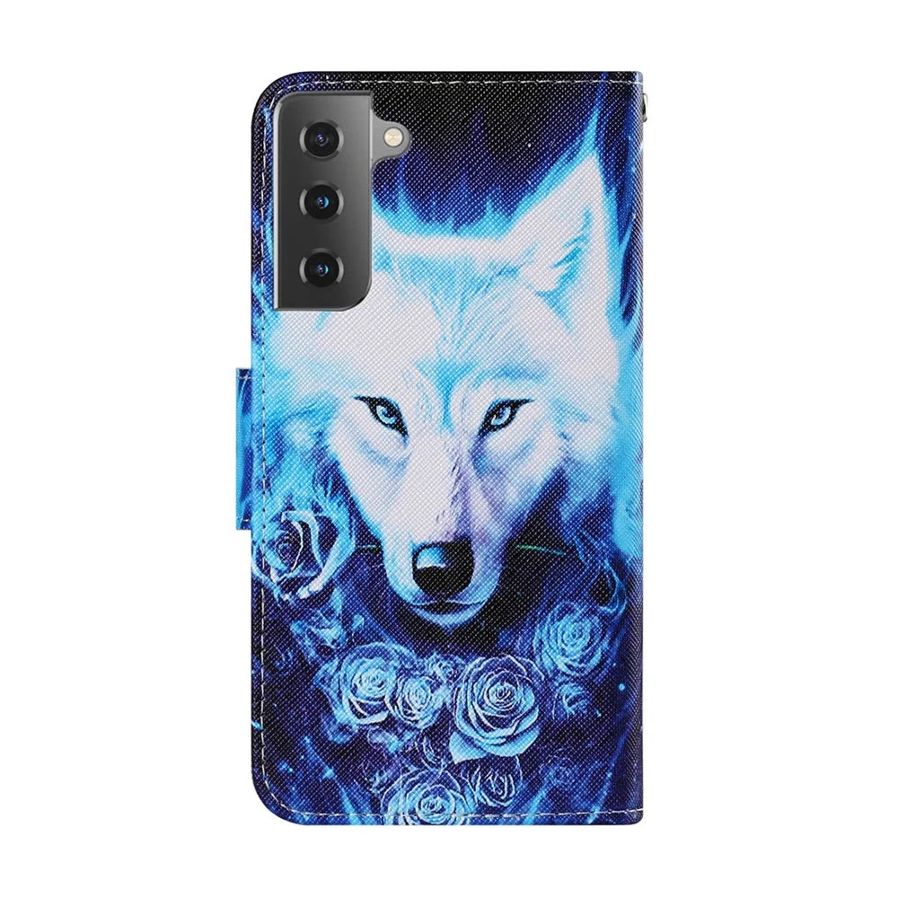 Pattern Printing TPU + PU Leather Wallet Stand Phone Case with Lanyard for Samsung Galaxy S21 4G/5G - Wolf - 2