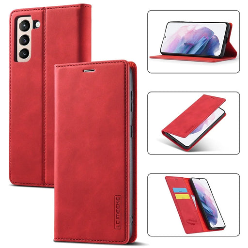LC.IMEEKE Strong Auto-absorbed Magnetic Edge Business Style Leather Phone Cover for Samsung Galaxy S21 4G/5G - Red - 1