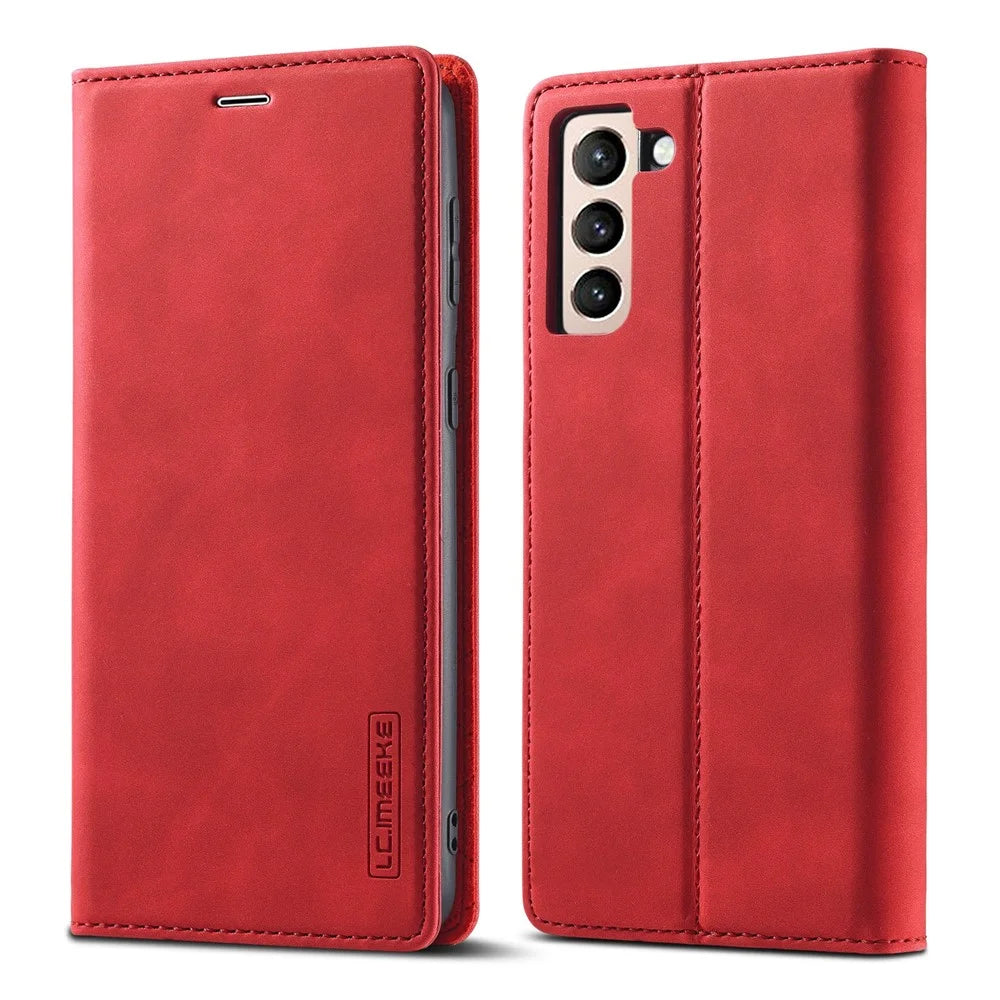 LC.IMEEKE Strong Auto-absorbed Magnetic Edge Business Style Leather Phone Cover for Samsung Galaxy S21 4G/5G - Red - 2