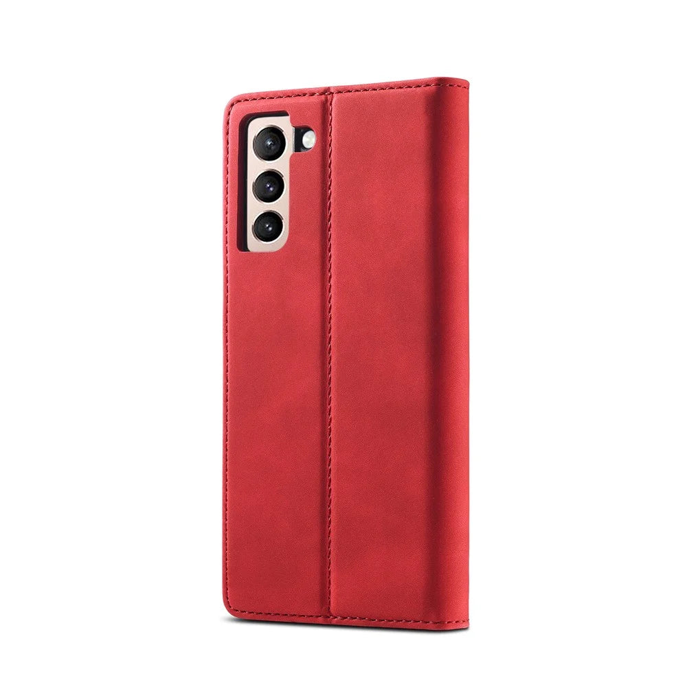 LC.IMEEKE Strong Auto-absorbed Magnetic Edge Business Style Leather Phone Cover for Samsung Galaxy S21 4G/5G - Red - 3