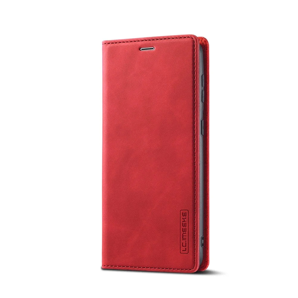 LC.IMEEKE Strong Auto-absorbed Magnetic Edge Business Style Leather Phone Cover for Samsung Galaxy S21 4G/5G - Red - 4