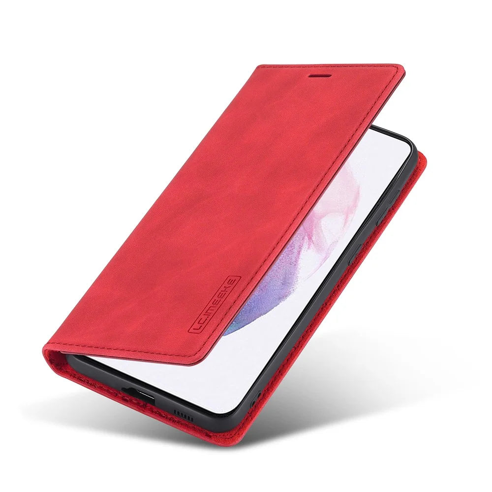 LC.IMEEKE Strong Auto-absorbed Magnetic Edge Business Style Leather Phone Cover for Samsung Galaxy S21 4G/5G - Red - 5