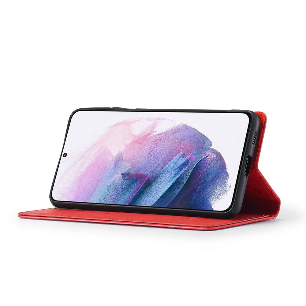 LC.IMEEKE Strong Auto-absorbed Magnetic Edge Business Style Leather Phone Cover for Samsung Galaxy S21 4G/5G - Red - 7