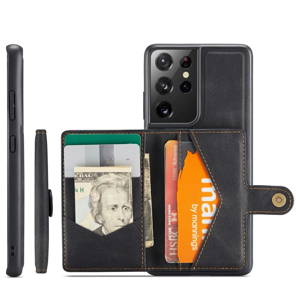 JEEHOOD Detachable 2 in 1 Magnetic Wallet Design Leather Coated TPU Case for Samsung Galaxy S21 Ultra 5G - Black - 2