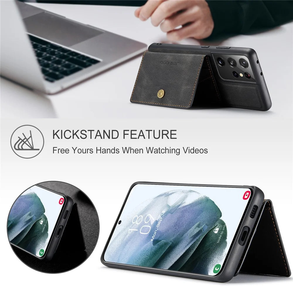 JEEHOOD Detachable 2 in 1 Magnetic Wallet Design Leather Coated TPU Case for Samsung Galaxy S21 Ultra 5G - Black - 4