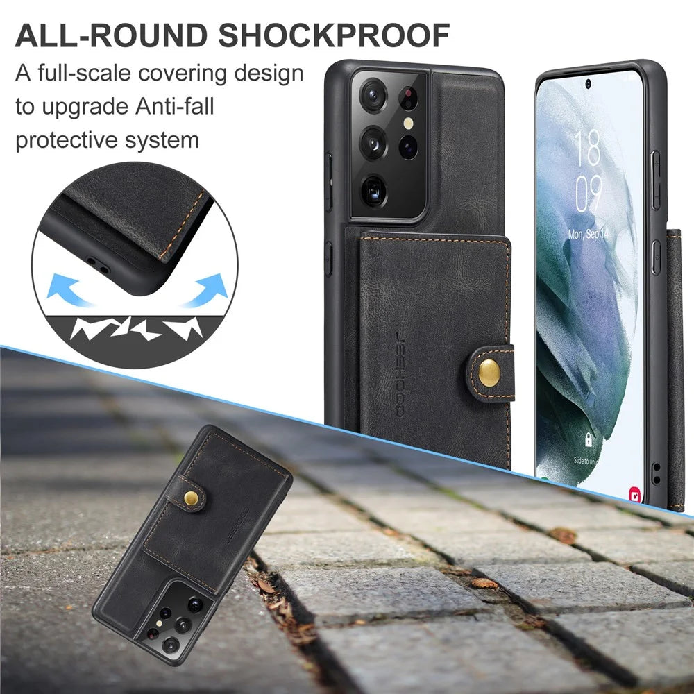 JEEHOOD Detachable 2 in 1 Magnetic Wallet Design Leather Coated TPU Case for Samsung Galaxy S21 Ultra 5G - Black - 5