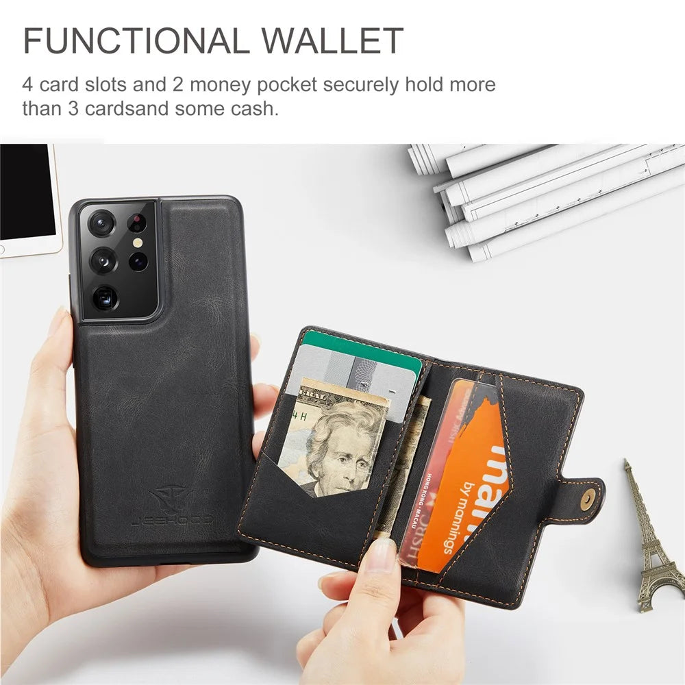 JEEHOOD Detachable 2 in 1 Magnetic Wallet Design Leather Coated TPU Case for Samsung Galaxy S21 Ultra 5G - Black - 6
