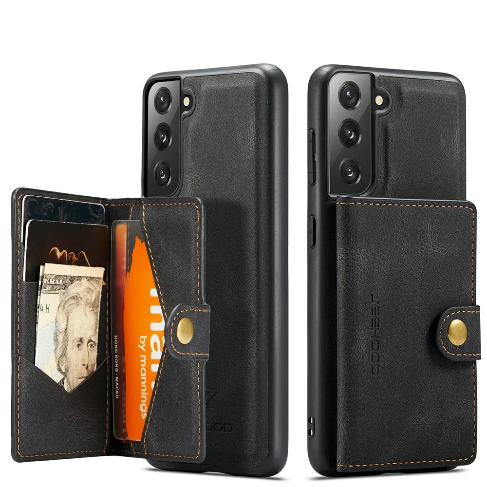 JEEHOOD Magnetic Wallet Design Detachable 2 in 1 Leather Coated TPU Case for Samsung Galaxy S21 4G/5G - Black - 1