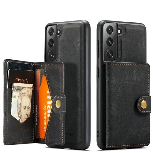 JEEHOOD Magnetic Wallet Design Detachable 2 in 1 Leather Coated TPU Case for Samsung Galaxy S21 4G/5G - Black - 1